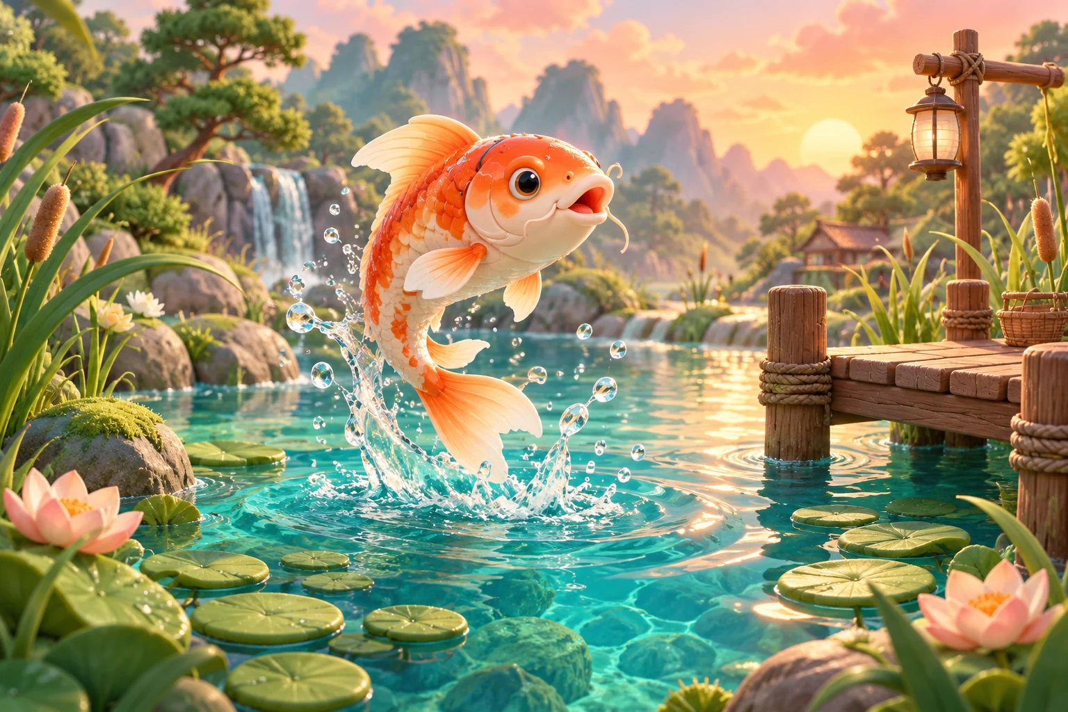 Ilustrasi ikan koi di kolam dengan dermaga kecil